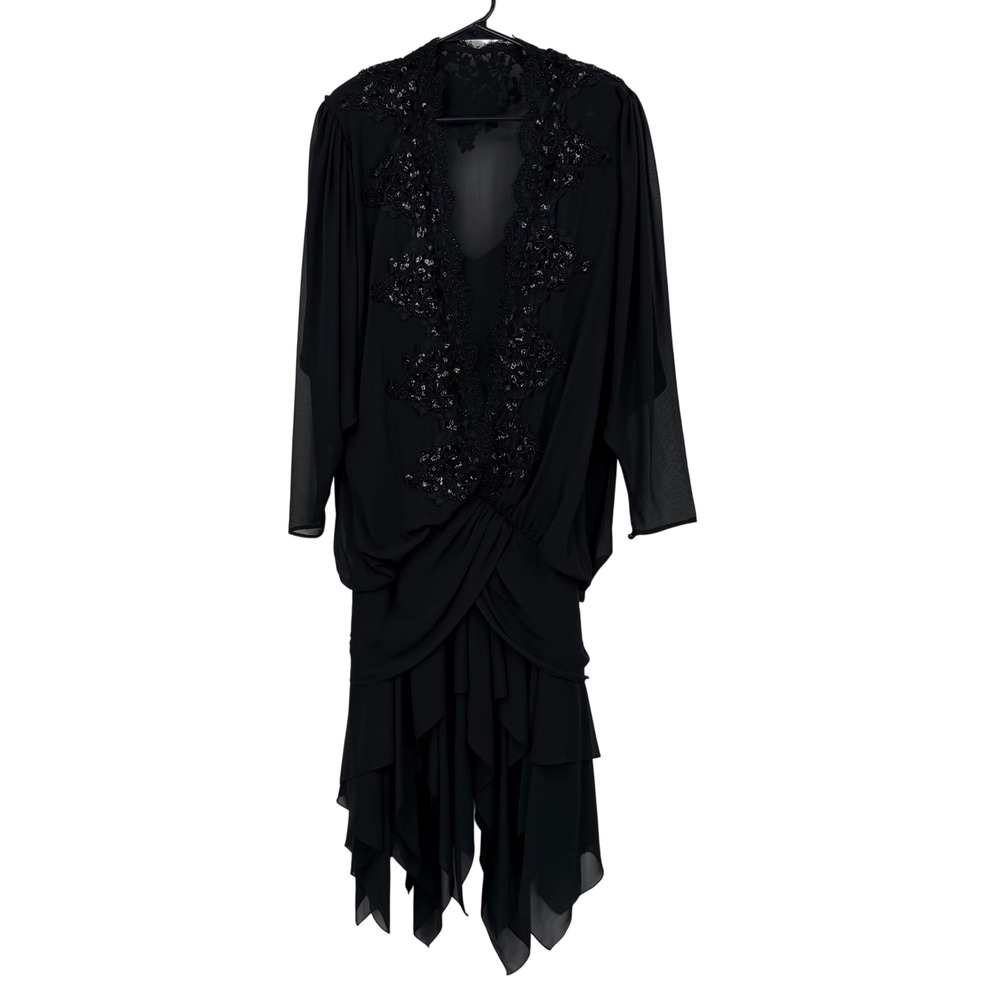 Vintage Casadei Evening Dress Size 14‎ Black Sequin Lace Chiffon Whimsygoth 80's